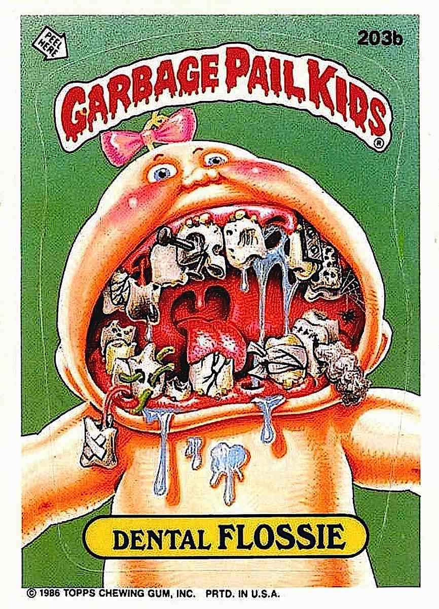 Bill Elder 1986 Garbage Pail Kids Dental Flossie chewing gum and sticker by Bill Elder 1986