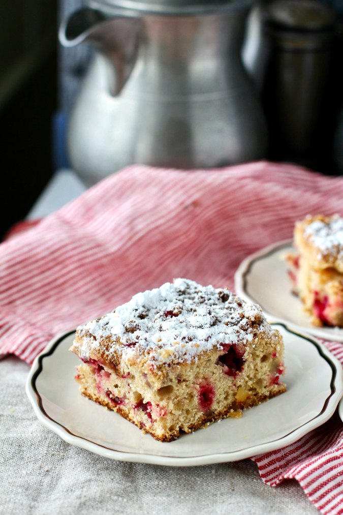 Cranberry Buckle with a powdered sugar topping on top
