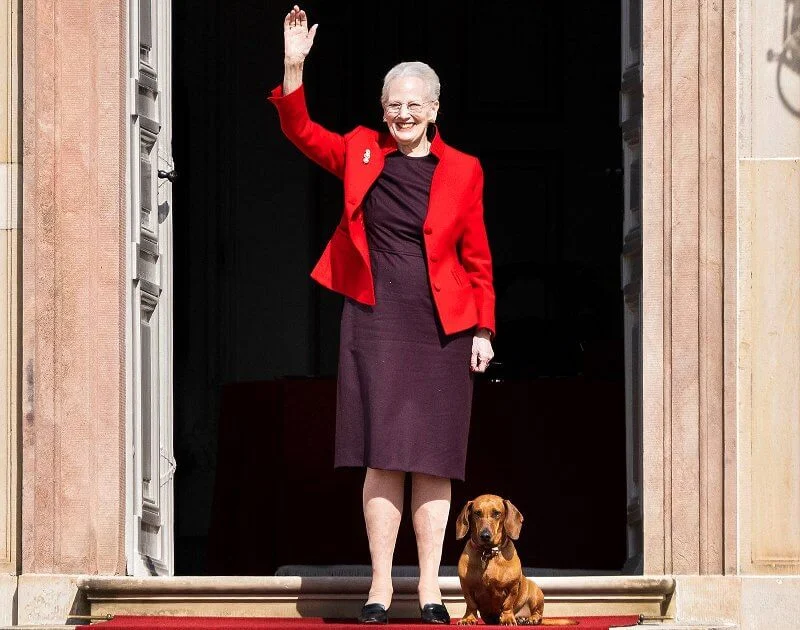 Danish Queen Margrethe turns 81. The Queen wore a red blazer jacket and burgundy dress. Crown Princess Mary and Princess Isabella