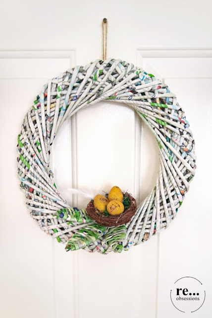 easter wreath, easter decoration, recycle, upcycle, newspaper weaving, wucker paper, paper wicker, papierowa wiklina, wianek wielkanocny, dekoracje wielkanocne