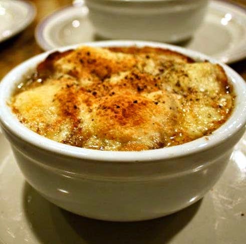 French Onion Soup Topped w/ Baked (Broiled) Gruyere Cheese Crust