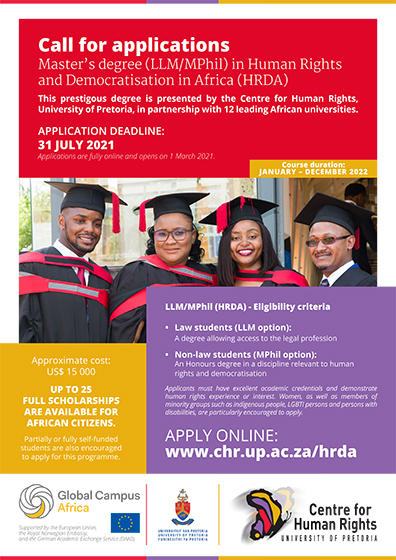 University of Pretoria Scholarships for Masters in Human Rights and Democratization