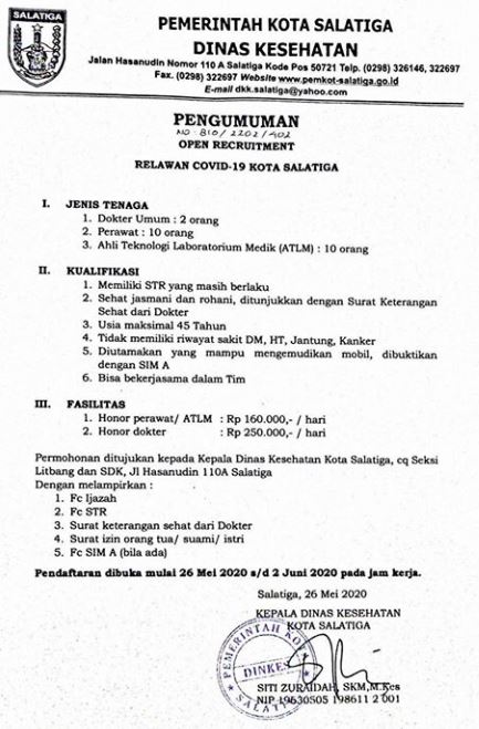 Lowongan Relawan Covid 19 Dinas Kesehatan Kota Salatiga Rekrutmen Dan Lowongan Kerja Bumn Bulan Maret 2021