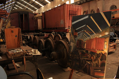 plein air oil painting of heritage carriage inside the Large Erecting Shop, Eveleigh Railway Workshops by industrial heritage artist Jane Bennett