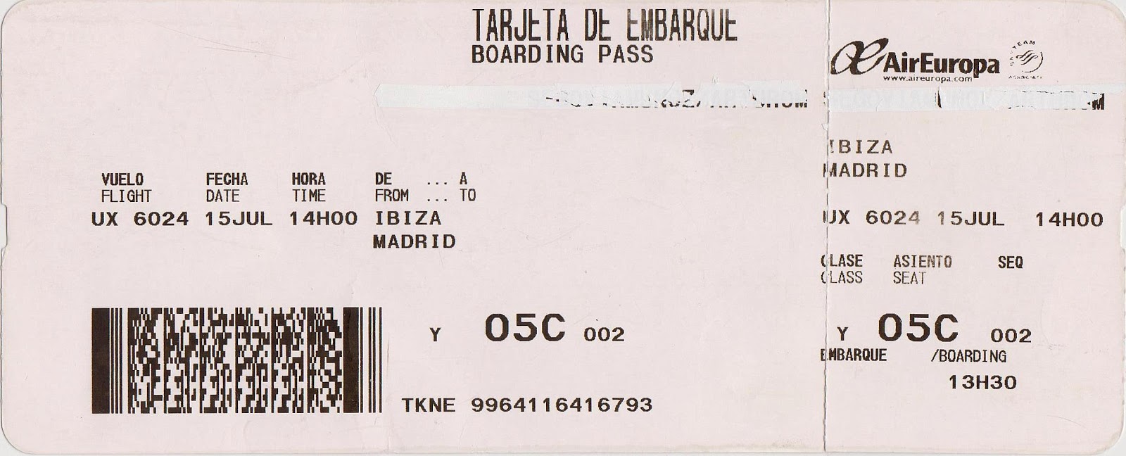 The traveler's drawer AIR EUROPA. Tarjeta de embarque para el vuelo UX