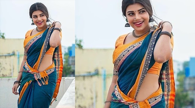Traditional Kerala Model's Navel Pose in Hot Blue Designer Saree
