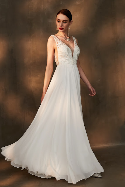 deep v neck sleeveless white wedding dress A-line