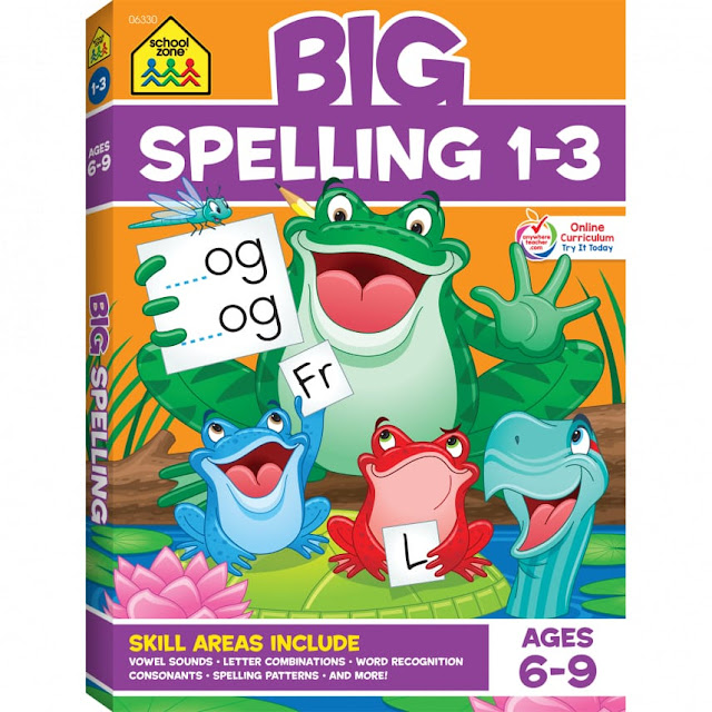 three frogs and a turtle doing spelling exercises filling fr for og ending with title Big Spelling 1-3