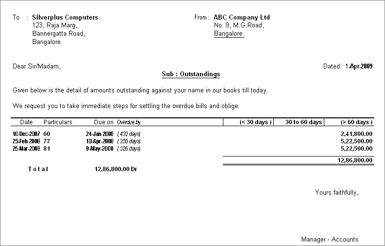 TallyERP9Book Printing Reminder Letters to a group of ledgers in