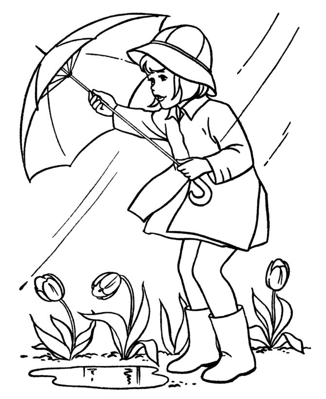 Umbrella in Rain Coloring Page
