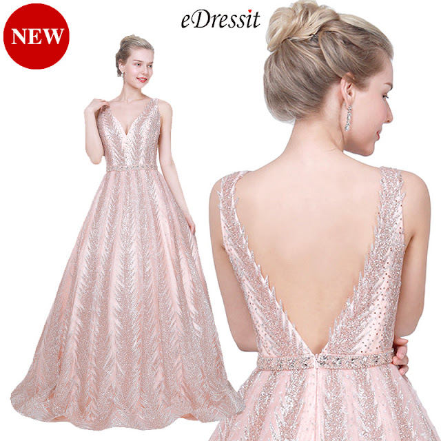 PINK V-CUT GORGEOUS BEADED PROM PARTY EVENING DRESS