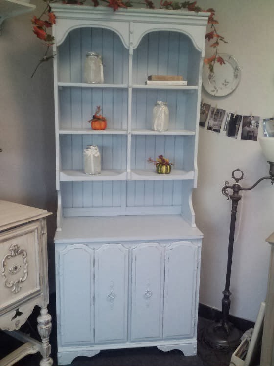 vintage two piece hutch painted pale blue