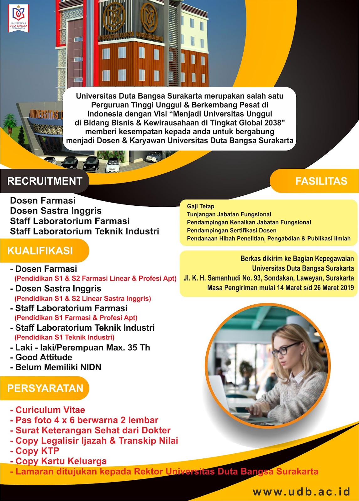 Lowongan Kerja Di Universitas Duta Bangsa Surakarta S1 S2 Dosen Farmasi Dosen Sastra Inggris Staff Lab Farmasi Staff Lab Teknik Industri Max 26 Maret 2019 Loker Swasta