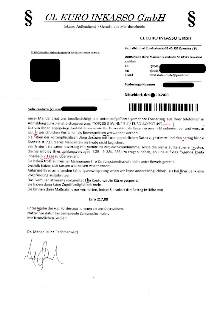 Scan: Forderung CL EURO INKASSO GmbH / Okt 2020