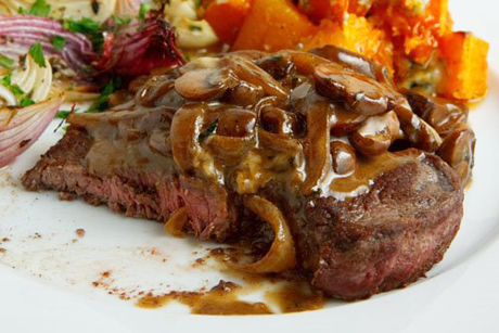 Fillet steak with mushroom and brown sauce