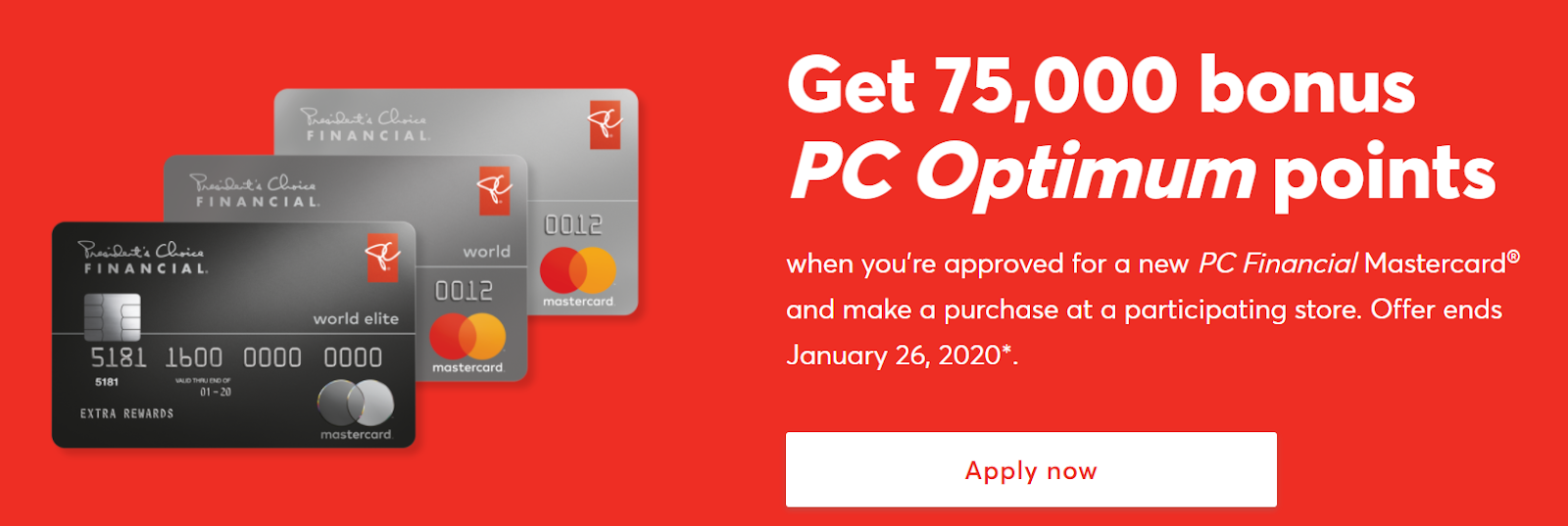 PC Financial MasterCard Earn 75,000 bonus PC Optimum points (Expired)