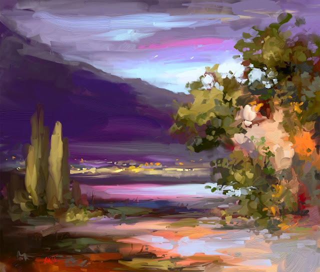 Evening in valley digital landscape oil painting by Mikko Tyllinen