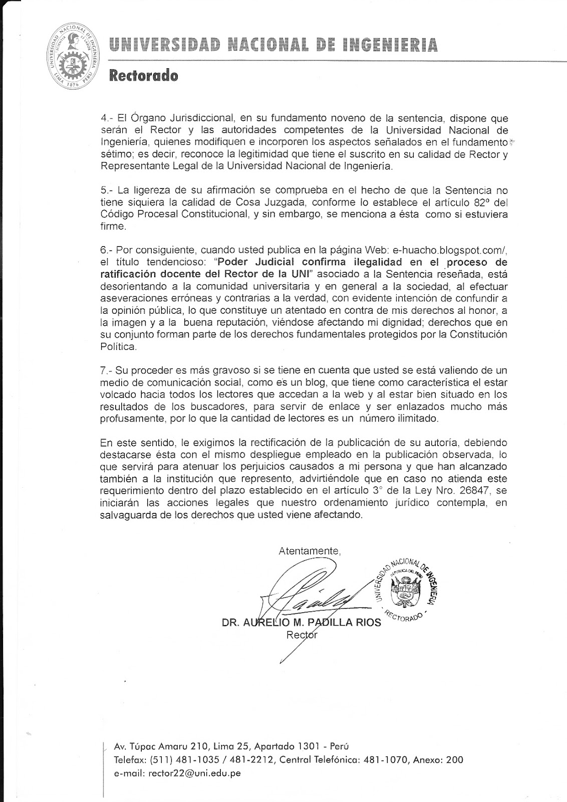 E Huacho Carta Notarial Del Rector De La Uni Dirigida Al Encargado Del