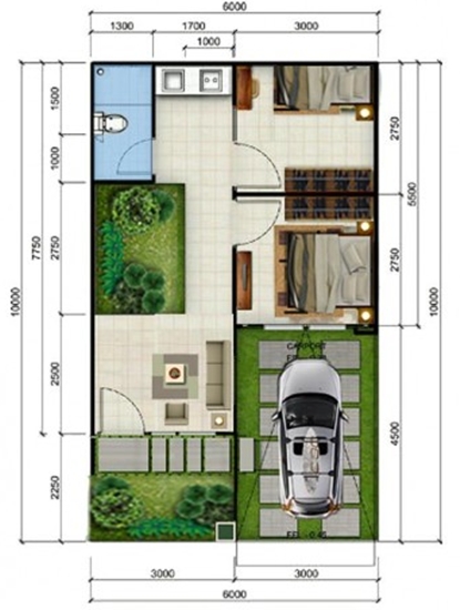 Contoh Denah rumah minimalis type 36 dengan 2 kamar tidur - Gambar