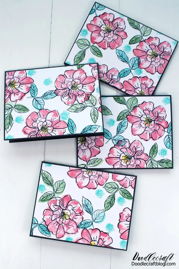 Quick Stamped Handmade Cards DIY with bright colored florals, perfect for sending cards through the mail.