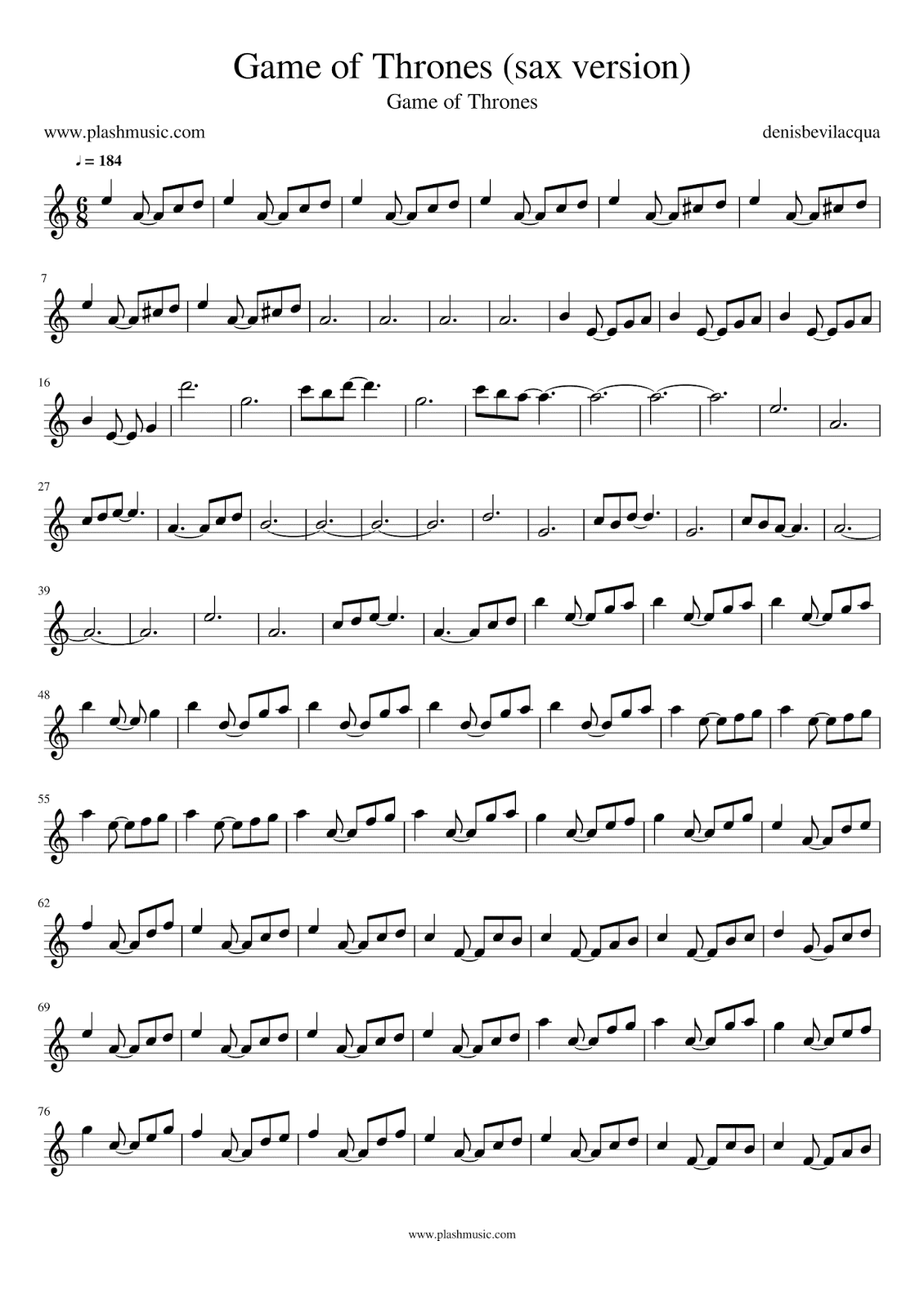 Sheet music and playalong of Game of Thrones (sax version) by Game of