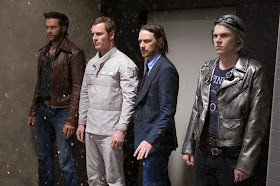 James McAvoy, Hugh Jackman, Michael Fassbinder, and Evan Peters in X-Men Days of Future Past