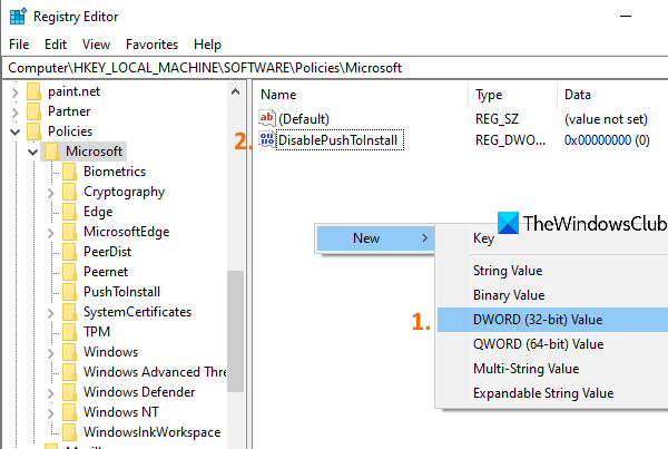 Erstellen Sie einen DisablePushToInstall-DWORD-Wert