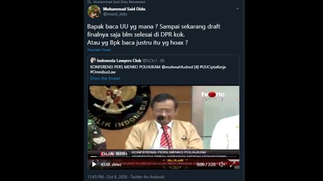 Kocak Mahfud Md Sebut Ada Yang Sebar Hoax Omnibus Law Langsung Diskak Mat Said Didu Swarakyat Media