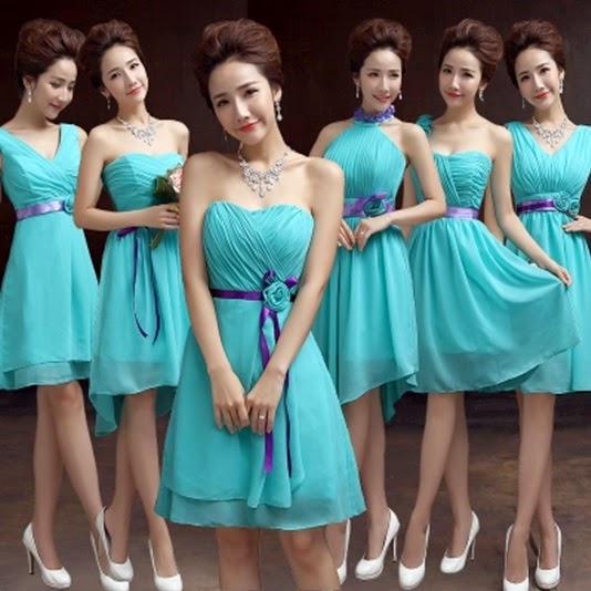 Six-Design Purple Ribbon Turquoise Midi Bridesmaids Dress