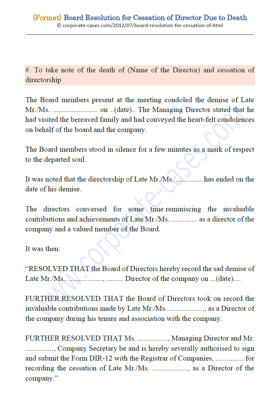 Board Resolution for Cessation of Director Due to Death Format With Ceo Report To Board Of Directors Template