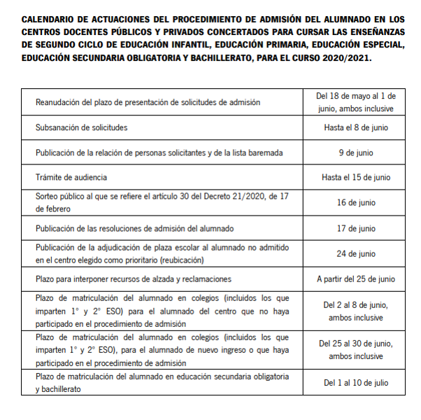 Nuevo calendario proceso de admisión de alumnado 20/21 CEIP CAMPOSOTO Nuevo calendario proceso de admisión de alumnado 20/21 CEIP CAMPOSOTO