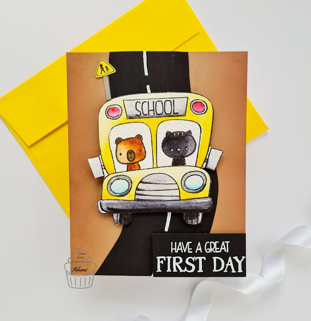 School bus card, MFT Stamps Missing you every single day, Critter card, Simon says bus stamp, Cute card, Card for first day at school, Quillish