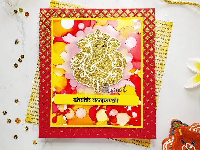 Blog hop, Diwali card, Craftangles, stenciling, Alcohol inks, Glimmer paste, Quillish, Craftangles small ganeshas stencil, craftangles diwali sentiments, craftangles alcohol ink paper