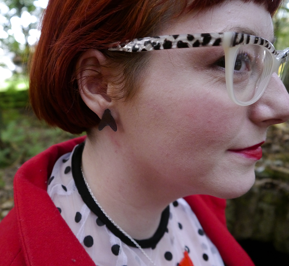 Dead Fly Halloween Earrings by Sugar & Vice Styled by Helen, Wardrobe Conversations, Scottish blogger, Dundee blogger, red head, ginger bob, red hair, Spex Pistols glasses, horror jewellery, Halloween jewellery, Sugar & Vice, red coat, winter coat, polka dot outfit, monochrome outfit, winter outfit, autumn style, Ted & Muffy boats, charity shop style, Hayley Scanlan tshirt dress, name necklace, personalised jewellery, Charleton farm
