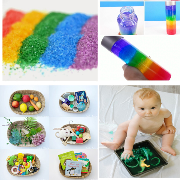 What can baby do? TONS!  Here are 50+ fun activities perfect for babies & toddlers- sensory play, taste safe recipes, and more! #babyplay #babyactivities #sensoryactivitiesforbabies #sensoryactivities #tastesafesensory #babysensoryplay #sensoryplayforbabies #kidsactivities #growingajeweledrose