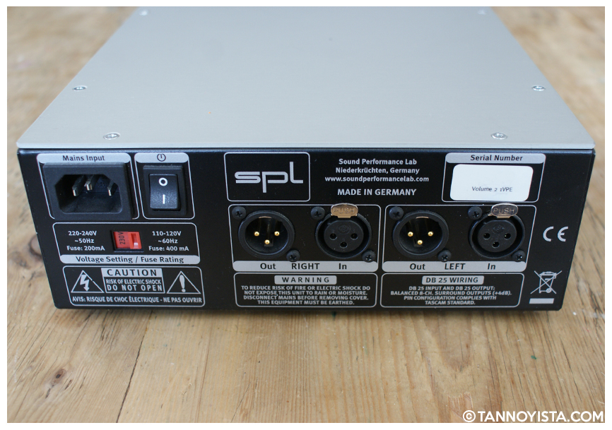 Rear connection input / Output panel of the SPL Volume2 Monitor Controller. Balanced XLR connections input and output