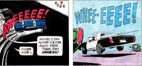 Adam-12 #2 panels: first story siren:'Areeeee', second story siren: 'Whee-eeee'