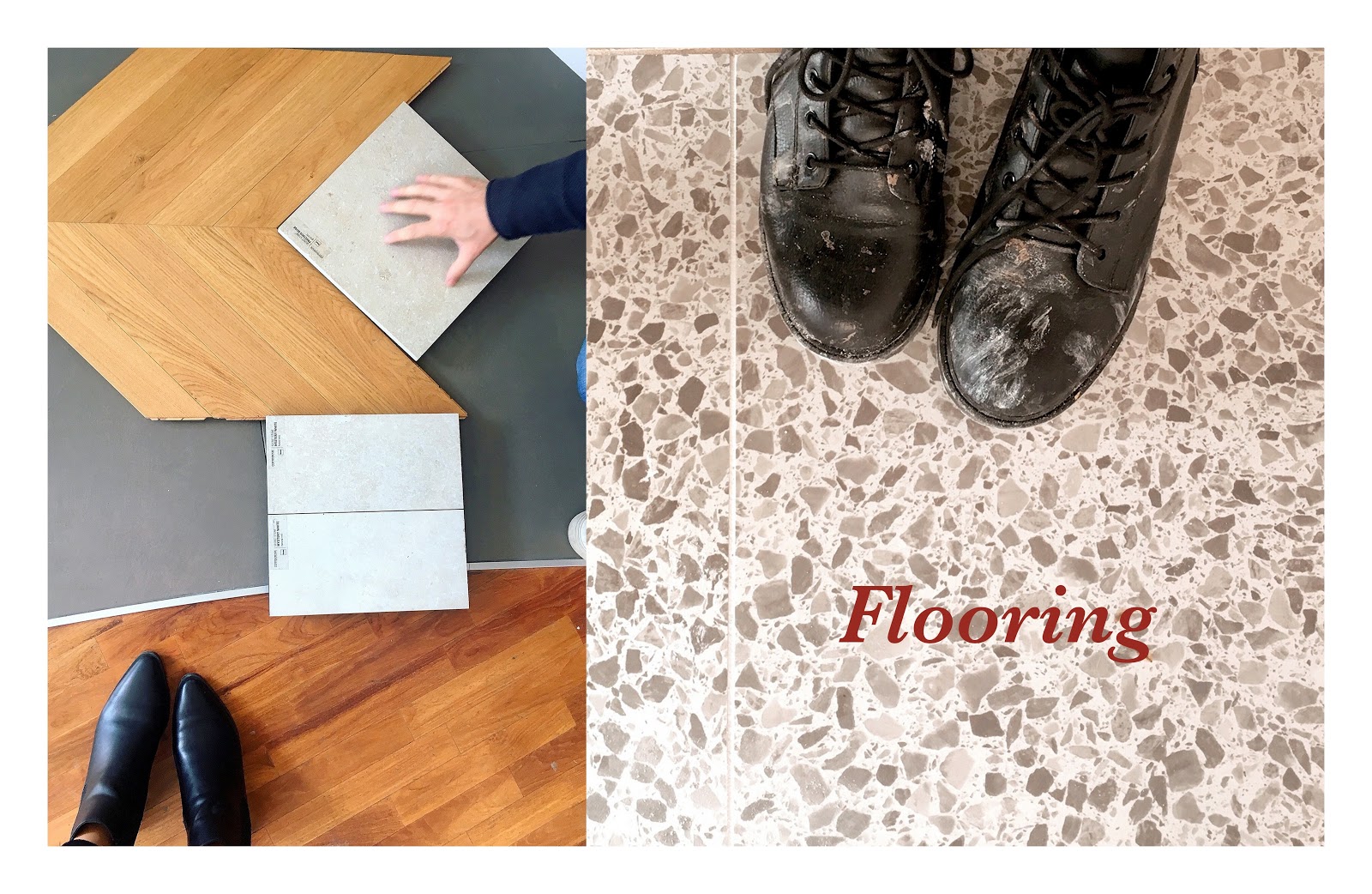 Designing kitchen grey floors, wood cabinets