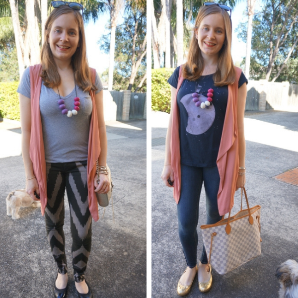 two ways to wear blush waterfall vest with column of colour jeans and tee awayfromblue