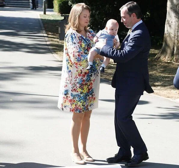 Princess Stephanie wore a new multicoloured floral shift dress from Paule Ka. Hereditary Grand Duchess Stephanie, Hereditary Grand Duke Guillaume