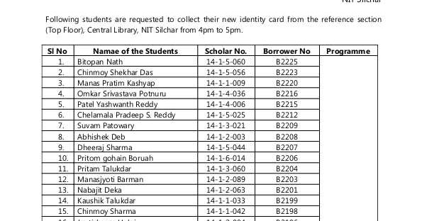 Library@NIT Silchar: Notice to Collect Identity Card from Central