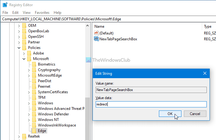 Как отключить окно поиска на новой вкладке в Edge с помощью редактора реестра