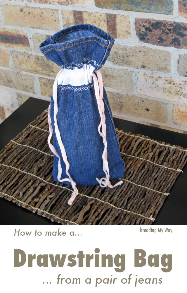 Learn how to re-use the legs of a pair of denim jeans to make a denim drawstring bag. Sewing tutorial ~ Threading My Way