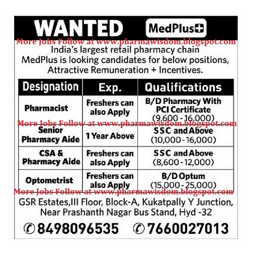 Pharmacist Job Openings for Fresher's in MedPlus HYDERABAD PHARMA