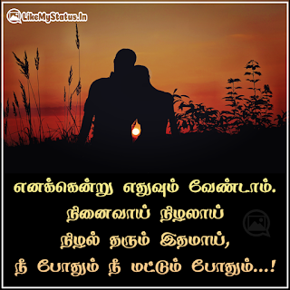 எனக்கென்று எதுவும் வேண்டாம். நினைவாய் நிழலாய் நிழல் தரும் இதமாய், நீ போதும் நீ மட்டும் போதும்...!