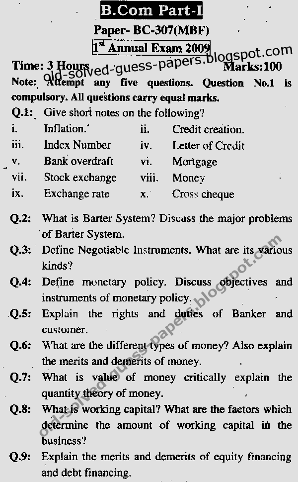 Money Banking and Finance (MBF) BC307 Old, Solved and Guess Papers