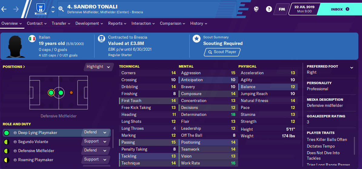 Sandro Tonali: Starting Attributes in FM2020 Sandro Tonali: Starting Attributes in FM2020