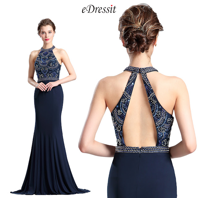 Sexy Blue Halter Beaded Prom Evening Dress