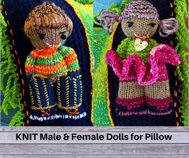 Male Female hand-knit dolls for pillow design by Minaz Jantz