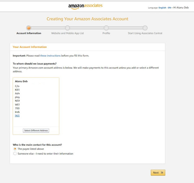 Amazon affiliate program, a/c info